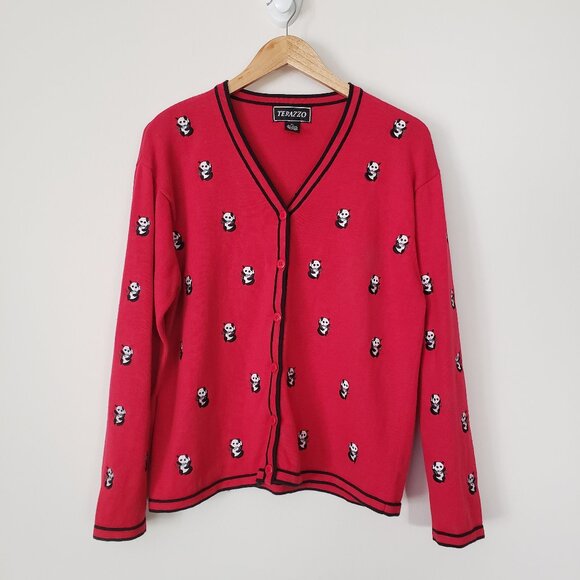 Vintage Terazzo Panda Embroidered Red And Black Cardigan Sweater Size XL - Picture 2 of 12